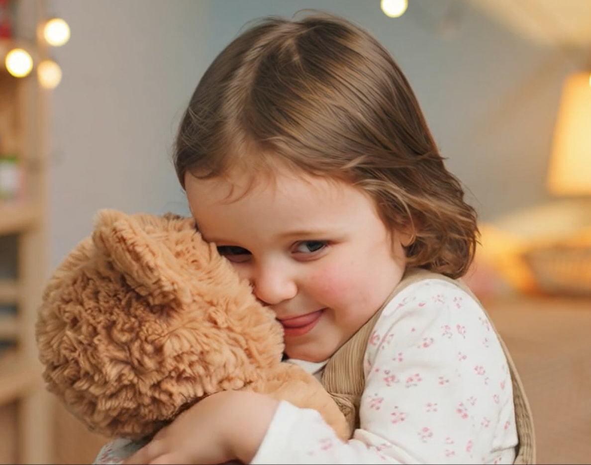 A lovely girl is holding an Ebloma ai bear.