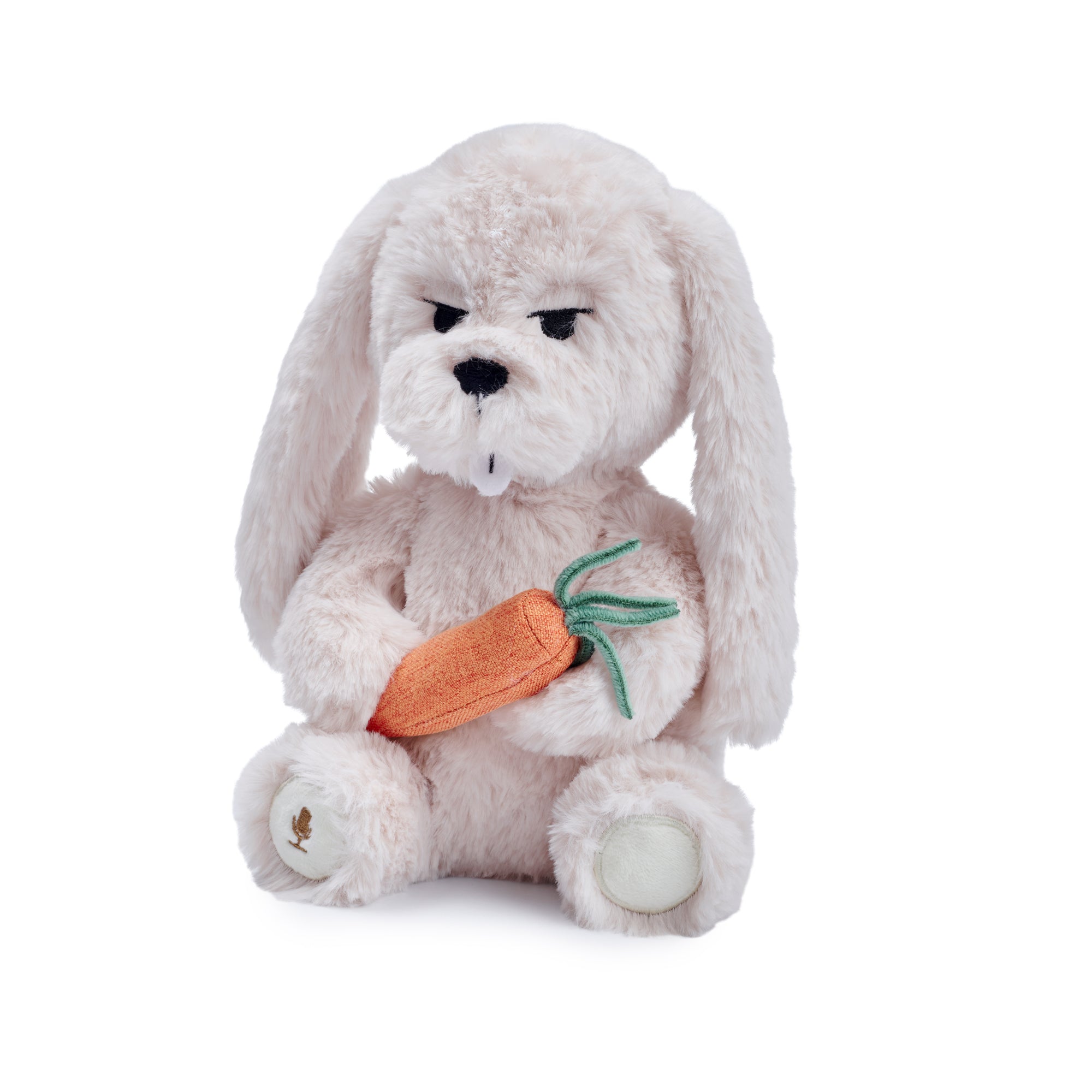AI interactive rabbit toy plush holding a carrot.