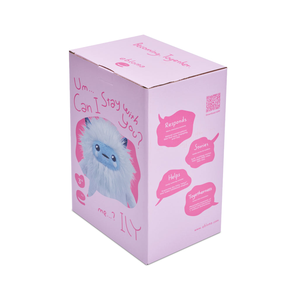 EBLOMA AI Interactive Yeti plush toy pink packaging box.