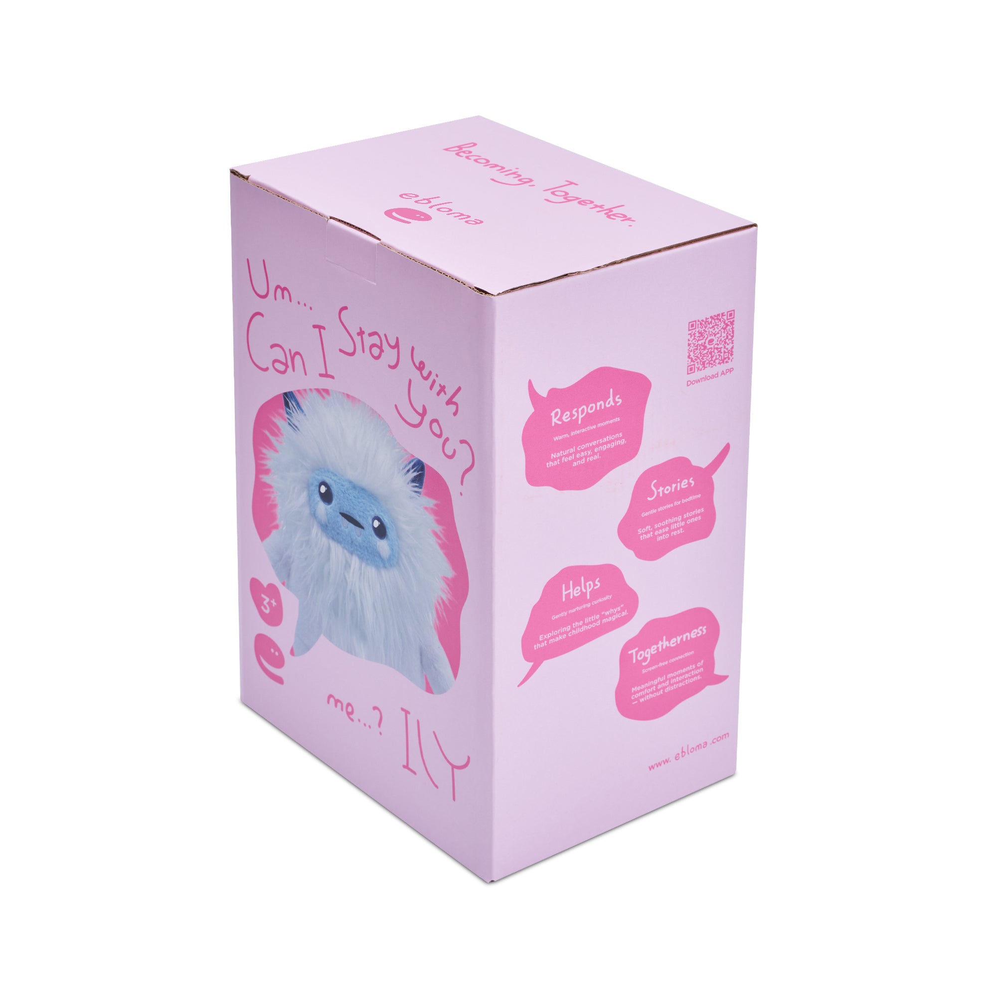 EBLOMA AI Interactive Yeti plush toy pink packaging box.